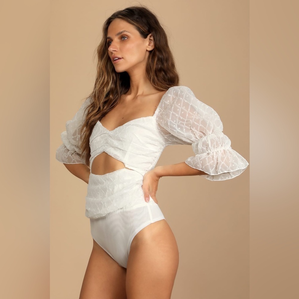 NWT Lulus Dreamt of this Day White Swiss Dot Cutout Bodysuit, Size XS